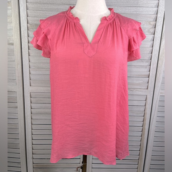 NANETTE LEPORE Ruffle Sleeve V Neck Blouse Rose Pink-Small - Picture 1 of 2